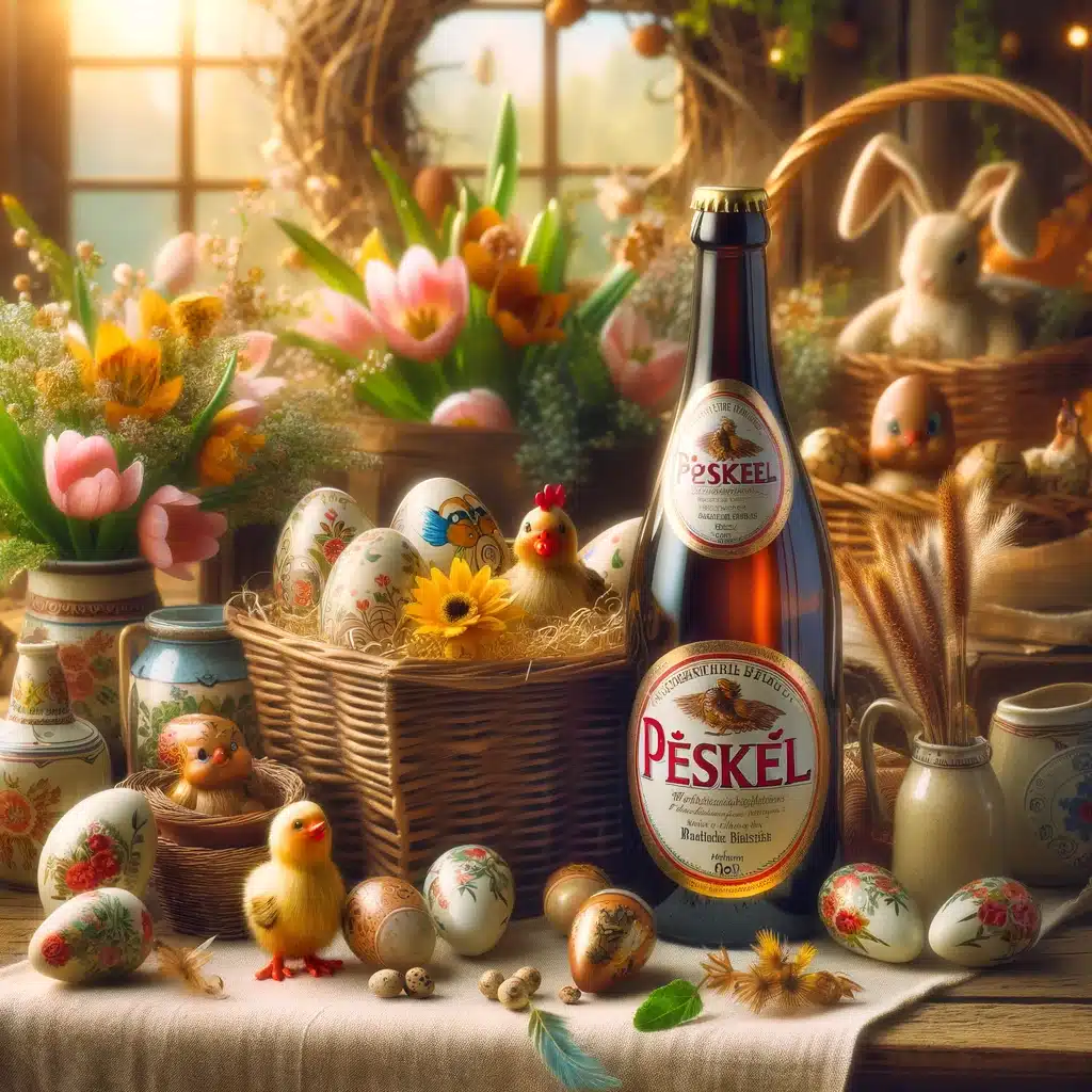 Ein festliches Osterstillleben mit dekorierten Eiern, Frühlingsblumen, Spielzeugküken, einer Flasche „Påskel“-Getränk und thematischer Dekoration auf einem Holztisch.