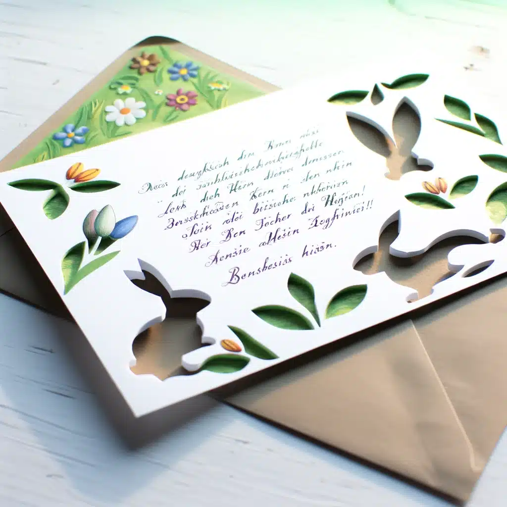 Ein aufwendig geschnittenes Papier mit Blumen- und Hasenmotiven auf einer Holzoberfläche, begleitet von einem gemusterten Umschlag.