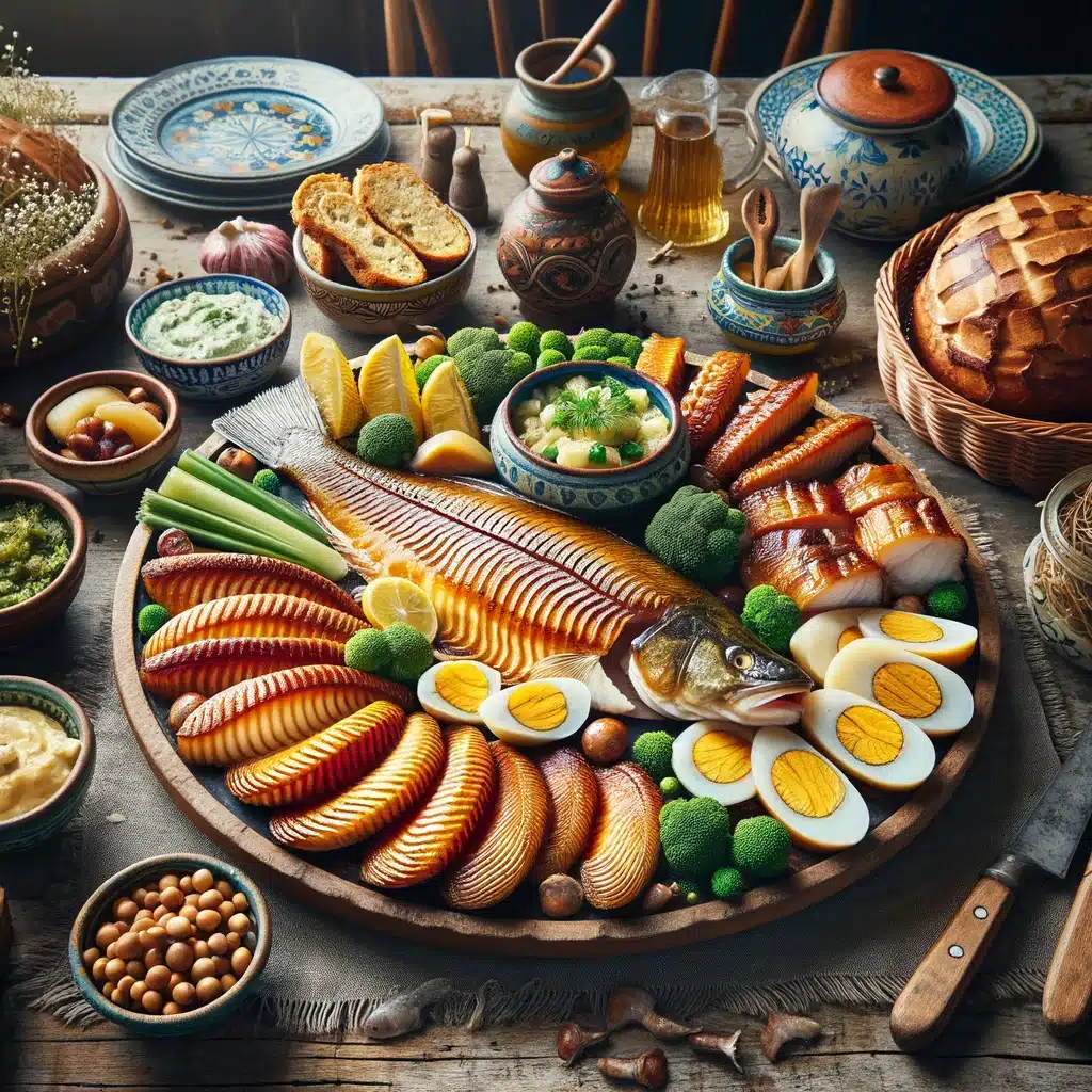 Ein traditionelles Festmahl mit einer Auswahl an Heringsscheiben, Gemüse, Eiern und Gewürzen auf einem rustikalen Holztisch.