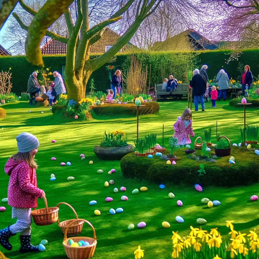 Kinder und Erwachsene nehmen an einer Ostereiersuche im Freien in einer lebendigen Gartenumgebung teil.