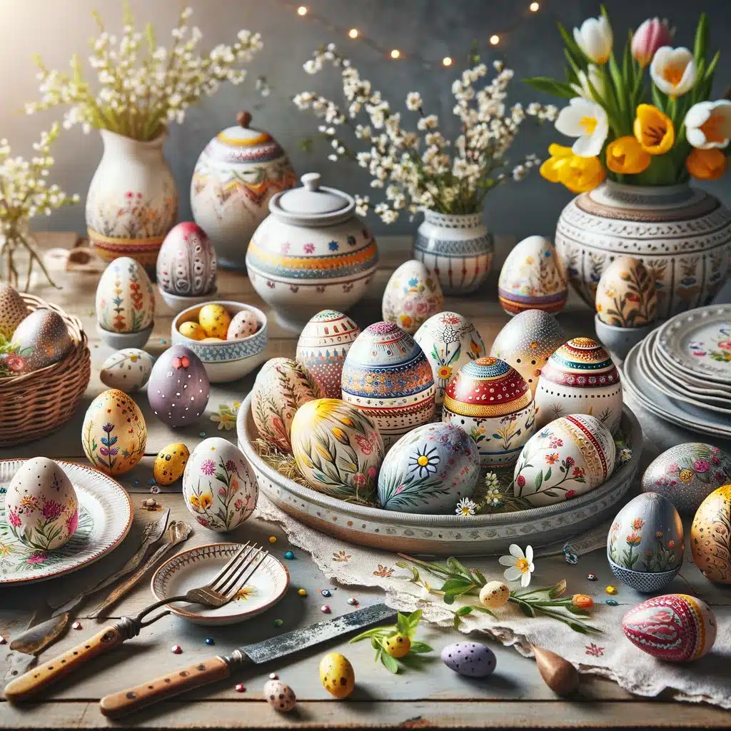 Eine Auswahl aufwendig dekorierter Ostereier zwischen Frühlingsblumen und Keramikgeschirr.