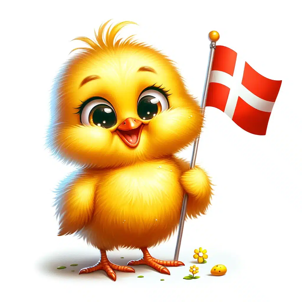 Ein fröhliches Cartoon-Küken mit einer dänischen Flagge.