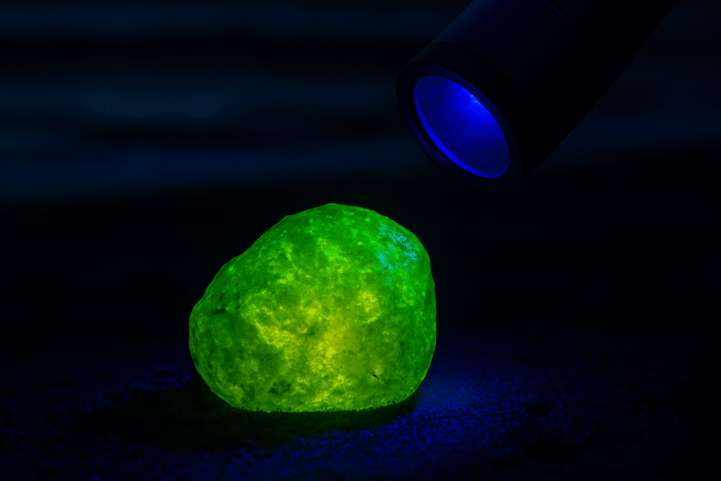 Bernstein fluoresziert unter UV-Licht bei Nacht