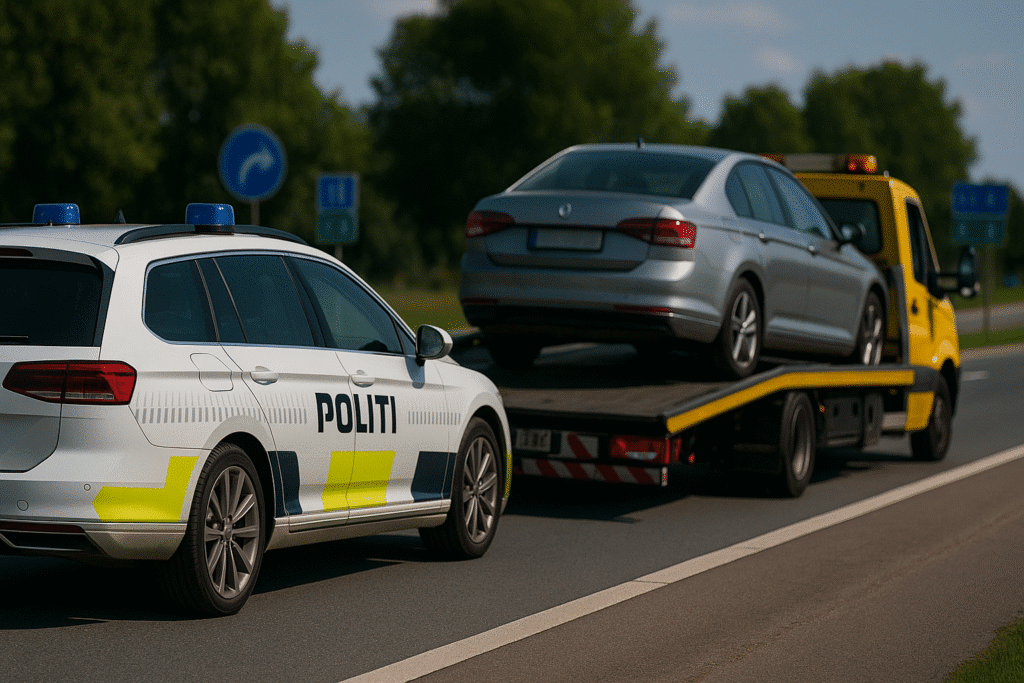 Ein Polizeiauto und ein Abschleppwagen werden am Straßenrand angehalten, während der Wagen eine silberne Limousine auflädt. Die Szene spielt sich auf einer Autobahn ab, im Hintergrund sind Bäume und Schilder zu sehen.